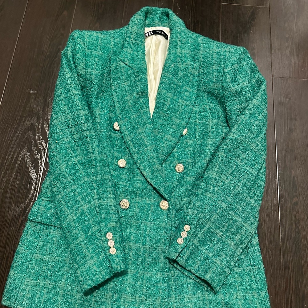 ZARA Green Tweed Double-Breasted Women's Blazer